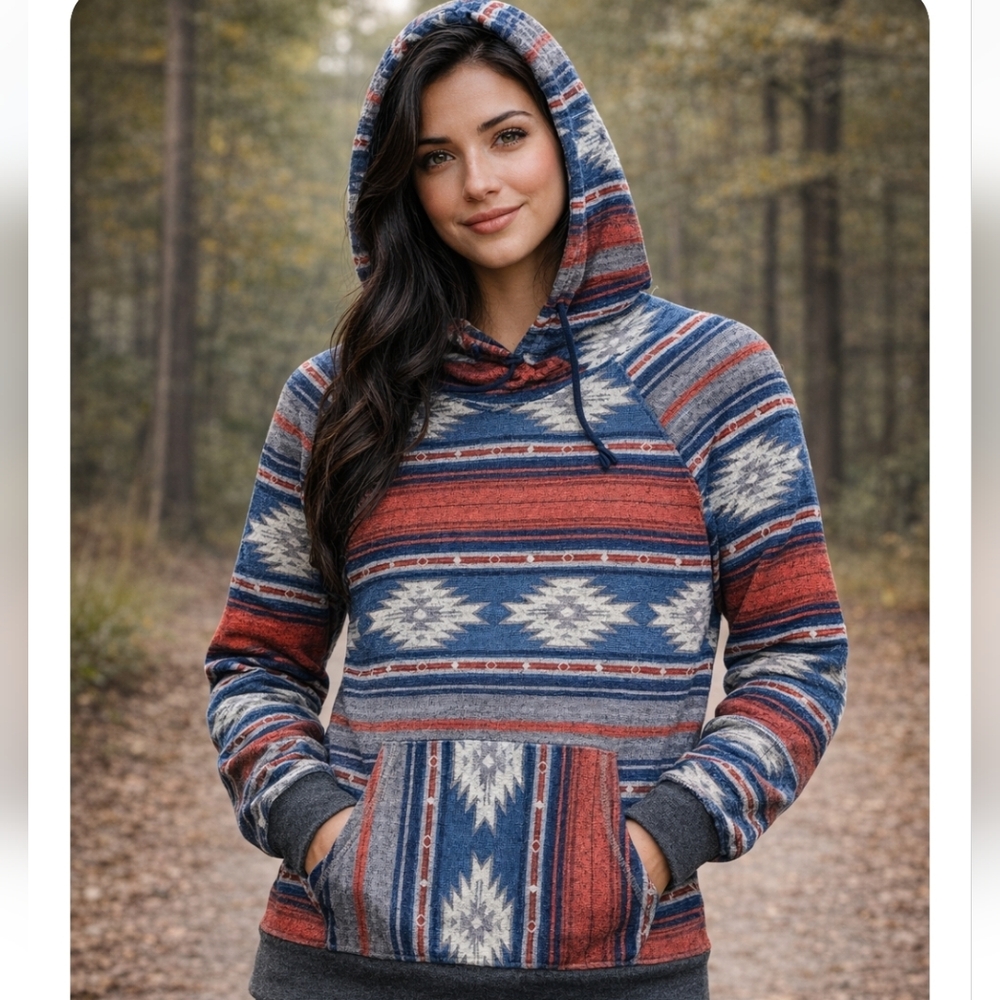 Brooklyn Cloth Blue and Rust Patterned Hooded Sweatshirt